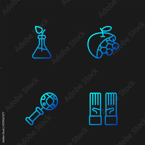 Set line Medical rubber gloves, DNA research, search, Plant breeding and Biological structure. Gradient color icons. Vector