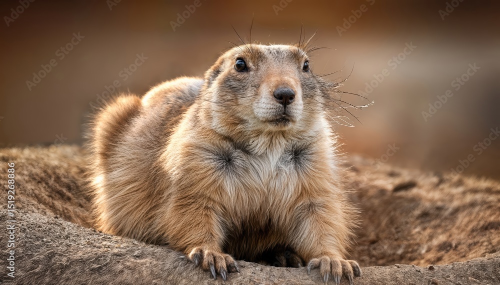 Naklejka premium Vivid Portrait of a BlackTailed Prairie Dog in High Definition, Showcasing the Small Mammals Curiosity and Elegance Against a Prairie Backdrop, With Warm Sunlight Illuminating Its Fur and