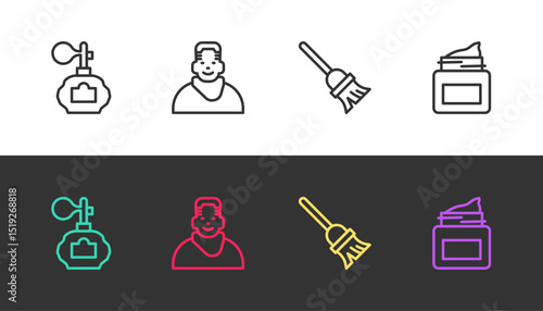 Set line Aftershave, Client in barbershop, Mop and Cream cosmetic jar on black and white. Vector
