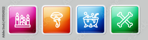 Set line Burning candle, Psilocybin mushroom, Halloween witch cauldron and Crossed bones. Colorful square button. Vector
