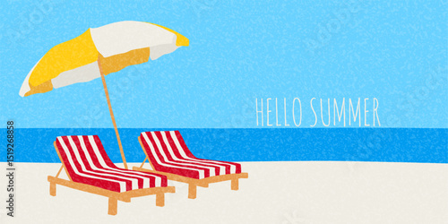 Trendy minimalist summer banner. Vector background with beach loungers and umbrella on seashore. Concept cover for party, ads, branding, holiday, event, card, invitation, banner.