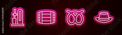 Set line Beer tap with glass, Wooden barrel, Pretzel and Oktoberfest hat. Glowing neon icon. Vector