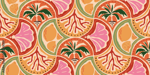 Summer seasonal Mediterranean seamless pattern background vector. Italian wallpaper of coconut tree, lemon, coral, flower. Summer doodle design for fabric, prints, banner, packaging, tile.