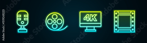 Set line Microphone, Film reel, Screen tv with 4k and Play video. Glowing neon icon. Vector