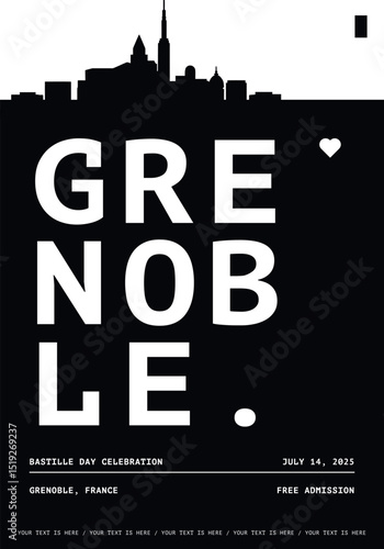 Grenoble typography minimalist vector poster for national event, public holiday, independence day, festival layout. Brochure, leaflet, flyer, presentation image template for France city