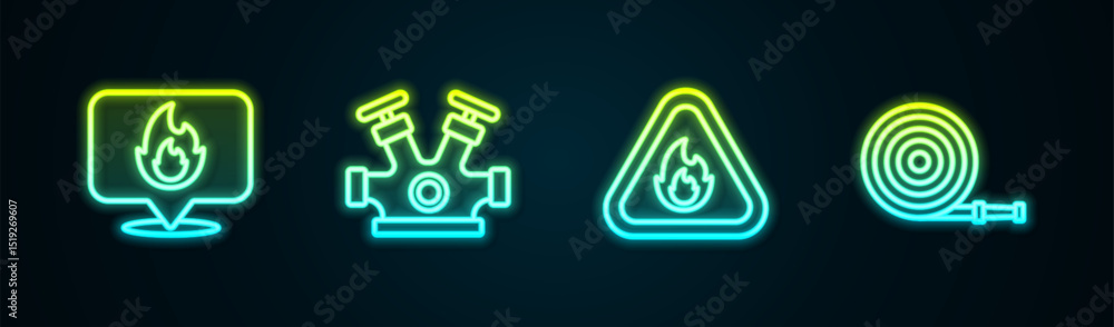 Obraz premium Set line Location with fire flame, Fire hydrant, in triangle and hose reel. Glowing neon icon. Vector
