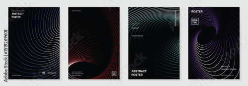 Abstract line wave gradient poster background vector set. Minimalist cover template with vibrant perspective line wave in motion. Ideal design for social media, cover, banner, flyer, music, ads.