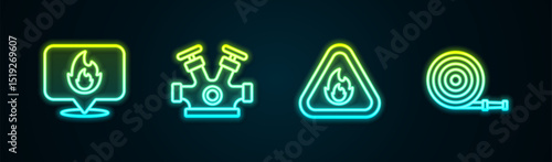Set line Location with fire flame, Fire hydrant, in triangle and hose reel. Glowing neon icon. Vector