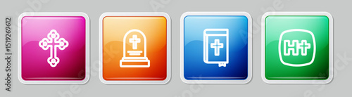 Set line Christian cross, Grave with tombstone, Holy bible book and . Colorful square button. Vector