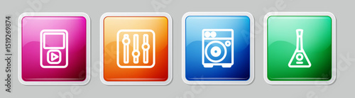 Set line Music player, Sound mixer controller, Guitar amplifier and Balalaika. Colorful square button. Vector