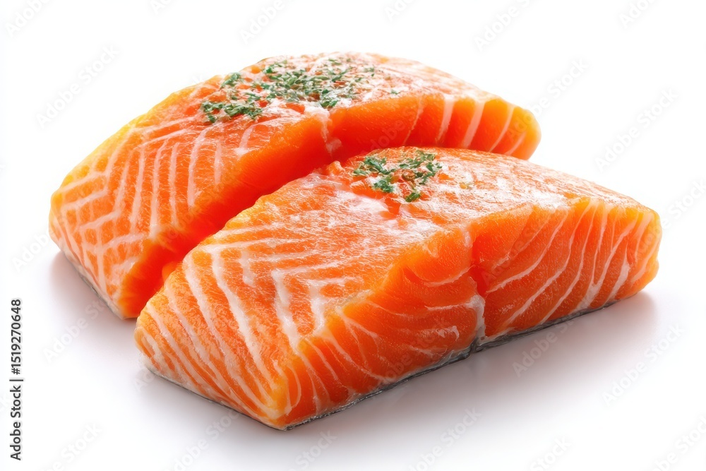 High Protein Seafood Raw Salmon Fillets on White Background High Protein Seafood Raw Salmon Fillets on White Background