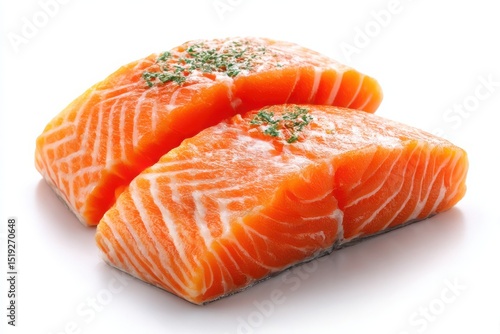 High Protein Seafood Raw Salmon Fillets on White Background