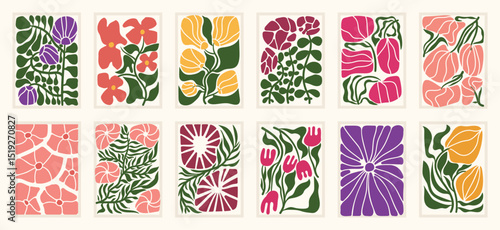 Botanical doodle background art vector set. Flower and leaves abstract shape doodle art design for print, wallpaper, clipart, wall art for home decoration.