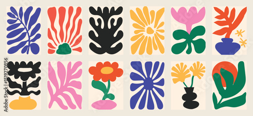 Botanical doodle background art vector set. Flower and leaves abstract shape doodle art design for print, wallpaper, clipart, wall art for home decoration.
