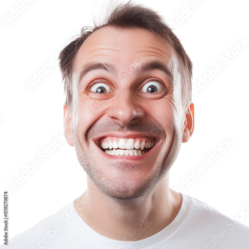 Young man with exaggerated smile and comical expression on a transparent  background