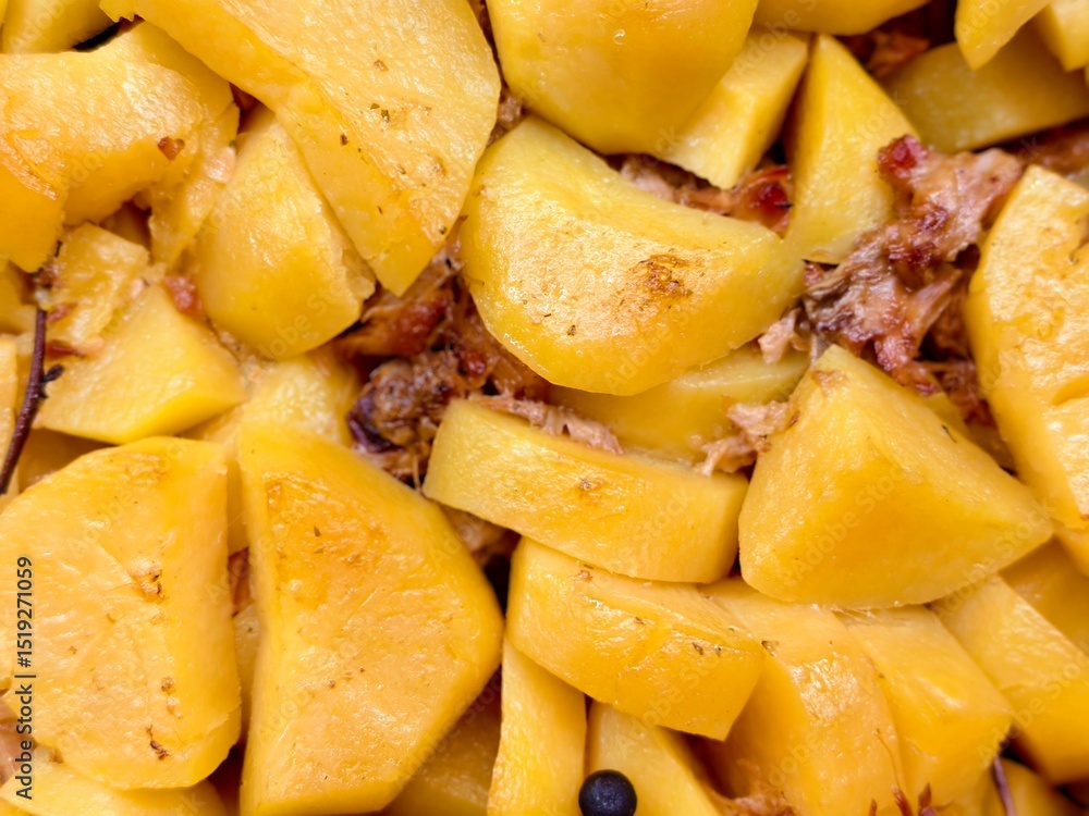 Hearty stew of tender potatoes infused with savory meat, perfect for a comforting meal on a chilly day Hearty stew of tender potatoes infused with savory meat, perfect for a comforting meal on a chilly day