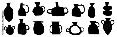 Ceramic vase pottery organic vases in ancient bohemian style. Vector jar ancient silhouette jug and urns set. 