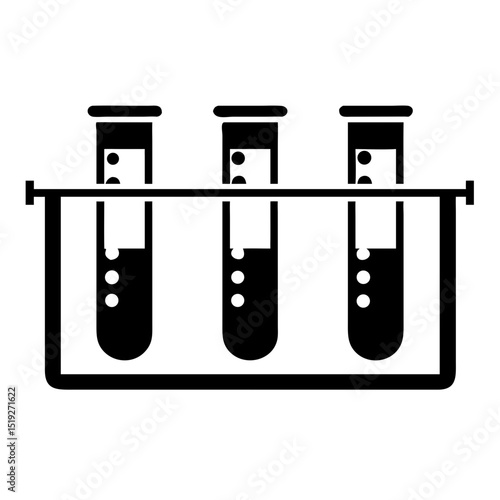 Three test tubes in a rack. Lab equipment with chemical liquids inside glass tubes. Scientific experiment concept for medical icon design.
