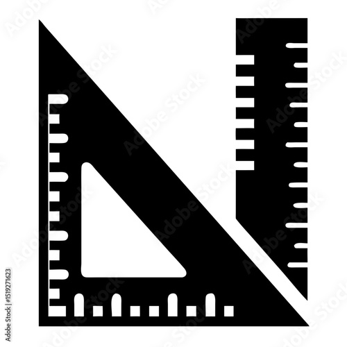 Set square and ruler. Geometry tools for precise measurements and drafting.  Black set square and straight ruler.  Useful icon for design, engineering, and architecture projects.