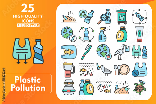 Plastic Pollution Line Filled Icon Set. Incleded Icons Garbage, Reusable Bottle, Microplastics, Trash Bin, Recyclable Plastic, Planet Earth. Vector Icons Collection