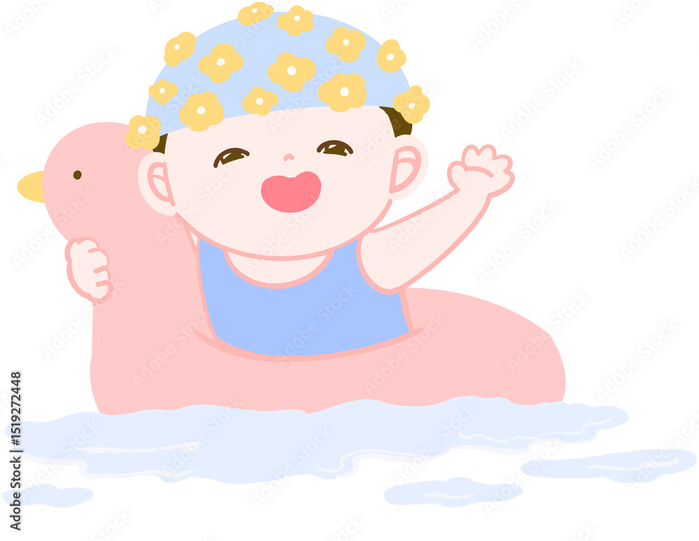 분홍색 오리 튜브를 타고 미소 짓는 아이 일러스트 분홍색 오리 튜브를 타고 미소 짓는 아이 일러스트