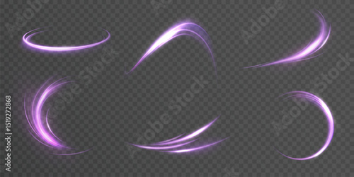 Purple arcs of light with soft glow and magic trail on transparent background. Suitable for visual effects, spells and fantasy design.