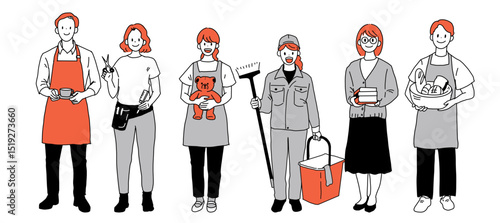 さまざまな職業で働く人々のイラスト（カフェ店員・美容師・保育士・清掃員・図書館司書・パン屋）