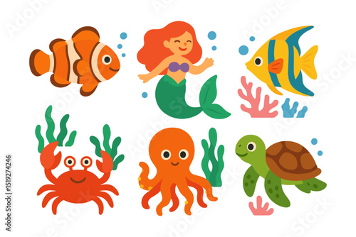 Cheerful marine life cartoon collection illustration design element