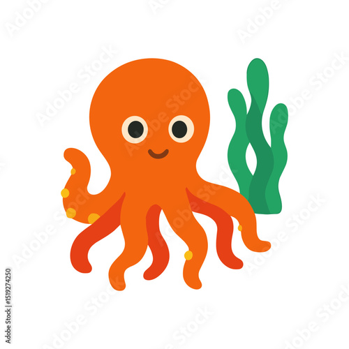 Cheerful orange octopus with kelp plant illustration design element