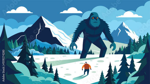 A Hiker s Encounter Confronting a Mythical Bigfoot in a Snowy Mountain Landscape