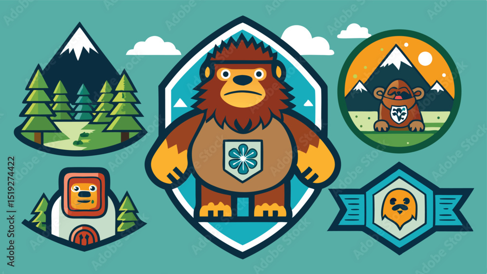 Fototapeta premium Collection of Cartoon Nature and Character Badges on a Teal Background
