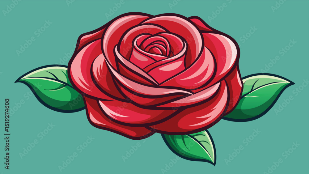 Stylized Red Rose Illustration with Green Leaves on a Teal Background Stylized Red Rose Illustration with Green Leaves on a Teal Background