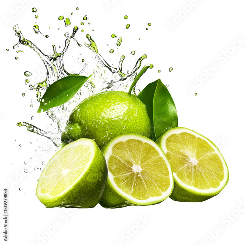 Fresh Limes Splashing Water Composition, Isolated on Transparent Background, Citrus Fruit, Green, Leaves, Lime, Water Splash, Citrus