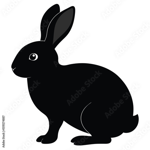 Black rabbit silhouette with long ears and a white background illustration