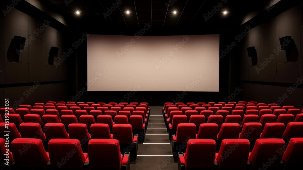 Wide-angle view of an empty cinema with red seats facing a large screen, ideal for a video presentation or movie screening ambiance. Live desktop wallpaper. Wide-angle view of an empty cinema with red seats facing a large screen, ideal for a video presentation or movie screening ambiance. Live desktop wallpaper.