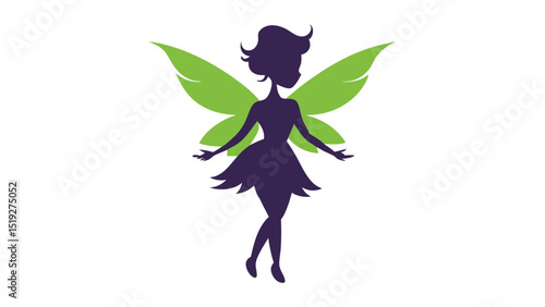 Elegant Fairy Silhouette with Green Leaf Wings on a White Background