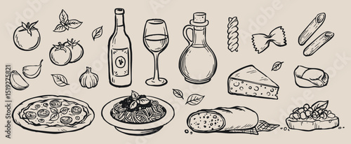 Italian Kitchen Hand-Drawn Clipart Set - Line Art, Doodle, Drawing, Illustration - Vector