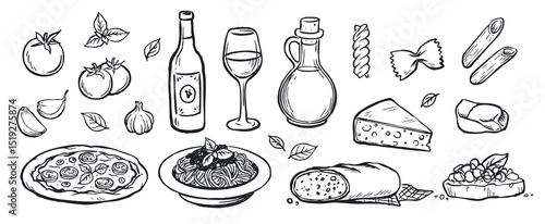 Italian Kitchen Hand-Drawn Clipart Set - Line Art, Doodle, Drawing, Illustration - PNG
