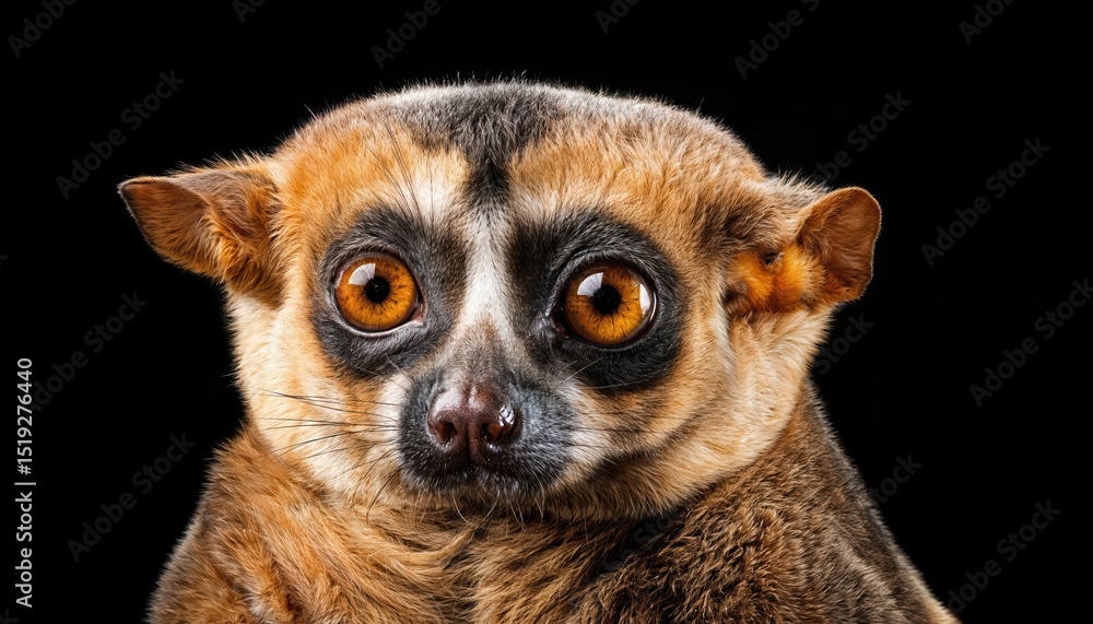 Naklejka premium Closeup of a Lemur Slow Loris against a Black Background, Capturing its Expressive Eyes and Fur Textures in High Definition, Showcasing the Enigmatic Beauty and Vulnerable Grace of these
