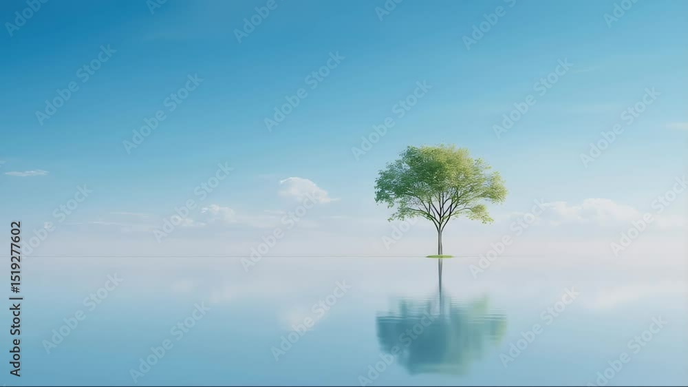 クリアブルーの空の下に立つ孤独な緑の木、水面に映る反射、静かで平和な風景の3Dレンダリング クリアブルーの空の下に立つ孤独な緑の木、水面に映る反射、静かで平和な風景の3Dレンダリング