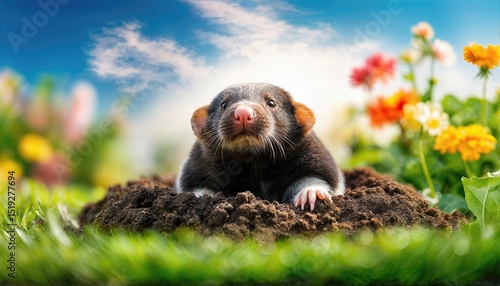 Adorable Mole Emerging from a Lush Garden Closeup Shot of a Cute Mole Poking its Head out of the Soil amidst Vibrant Flora and Fauna in an Enchanting Green Oasis, Capturing a Magical