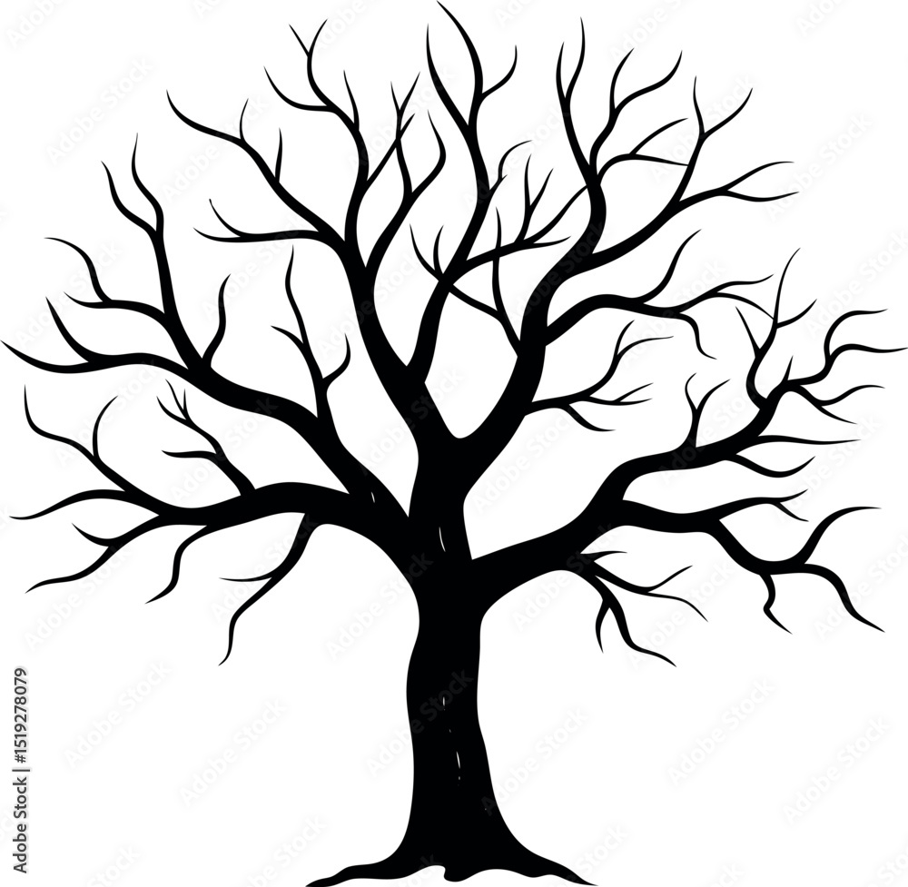Silhouette of a large leafless tree with twisted and spreading branches black vector illustration representing nature winter or eerie themes on a plain white background Silhouette of a large leafless tree with twisted and spreading branches black vector illustration representing nature winter or eerie themes on a plain white background