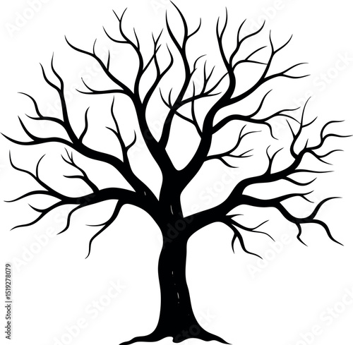 Silhouette of a large leafless tree with twisted and spreading branches black vector illustration representing nature winter or eerie themes on a plain white background