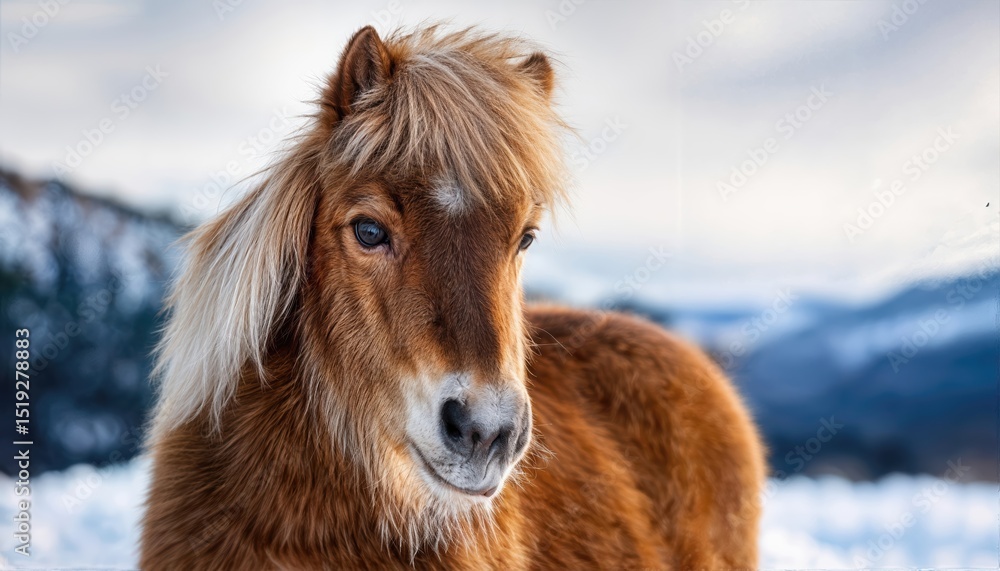 Obraz premium Striking Portrait of a Miniature Brown Horse Amidst Snowy Outdoor Scene in Canada, Capturing Frosty Tranquility and Majesty.