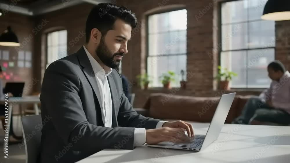 Professional man working on a laptop in a modern office with colleagues in the background Professional man working on a laptop in a modern office with colleagues in the background