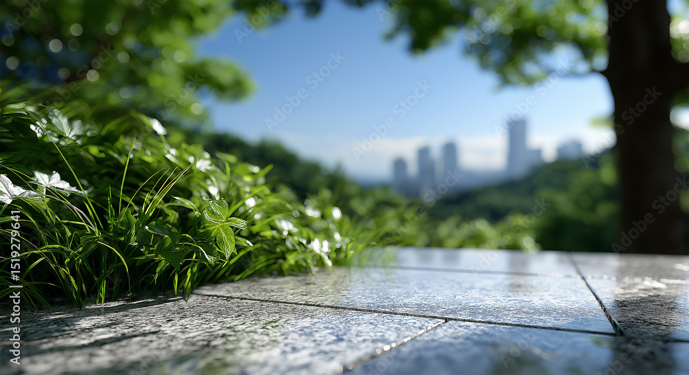 Fototapeta premium Sunlit Granite Floor Overlooking Green Forest and Glass Skyscrapers on a Bright Clear Day, granite floor, empty plaza, wide-angle view, green forest, city skyline, glass skyscrapers, clear blue sky,