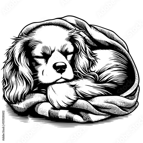 Cavalier King Charles Spaniel Sleeping Vector Illustration Isolated on White