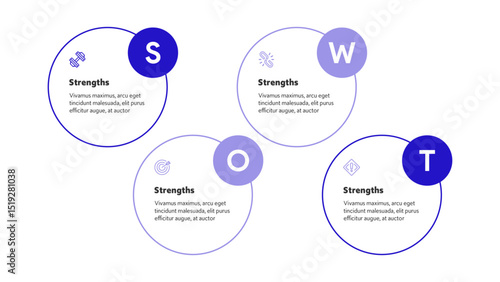 Four colorful elements with text inside placed around circle. Concept of SWOT-analysis template or strategic planning technique. Infographic design template. Vector illustration