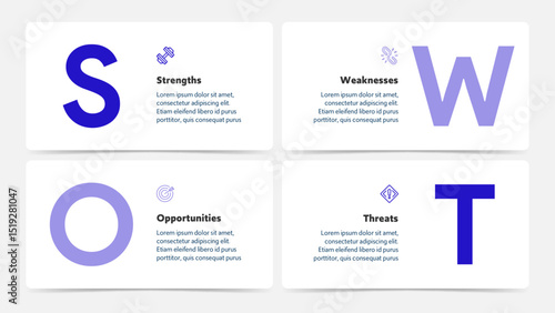 Four colorful elements with text inside placed around circle. Concept of SWOT-analysis template or strategic planning technique. Infographic design template. Vector illustration