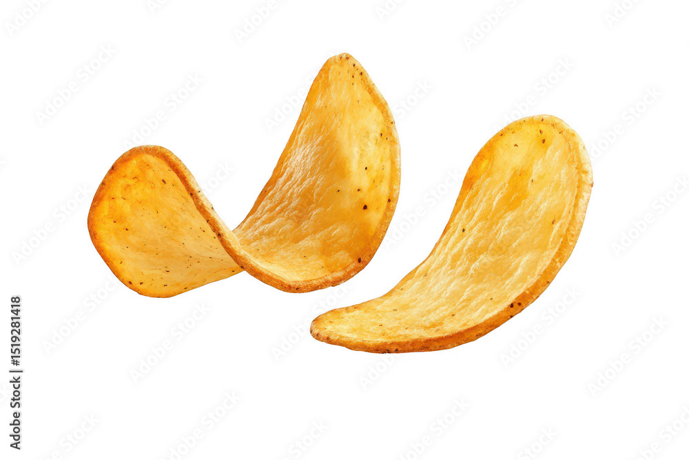 Two crispy potato chips falling isolated on transparent background Two crispy potato chips falling isolated on transparent background